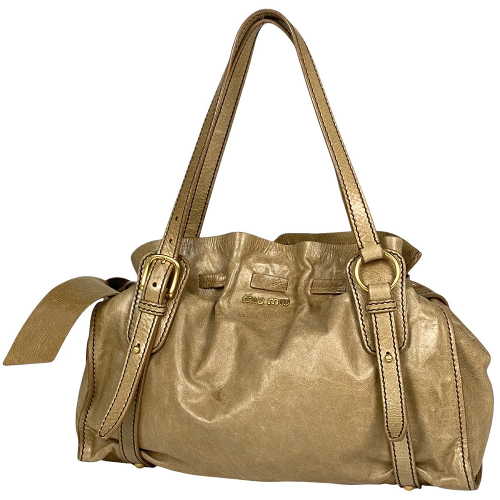 Miu Miu Logo Tote Bag Shoulder Leather Brown